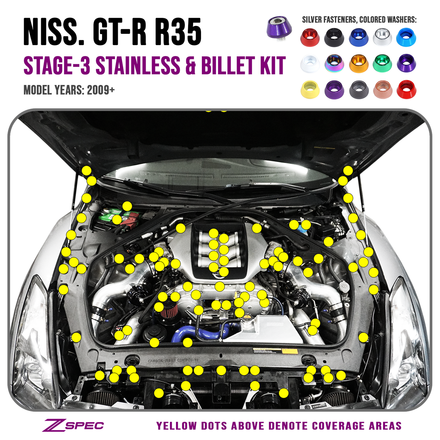 ZSPEC Stage-3 Dress Up Bolts® Fastener Kit for '09-24 Nissan GTR (R35), Stainless & Billet - Howling Moto