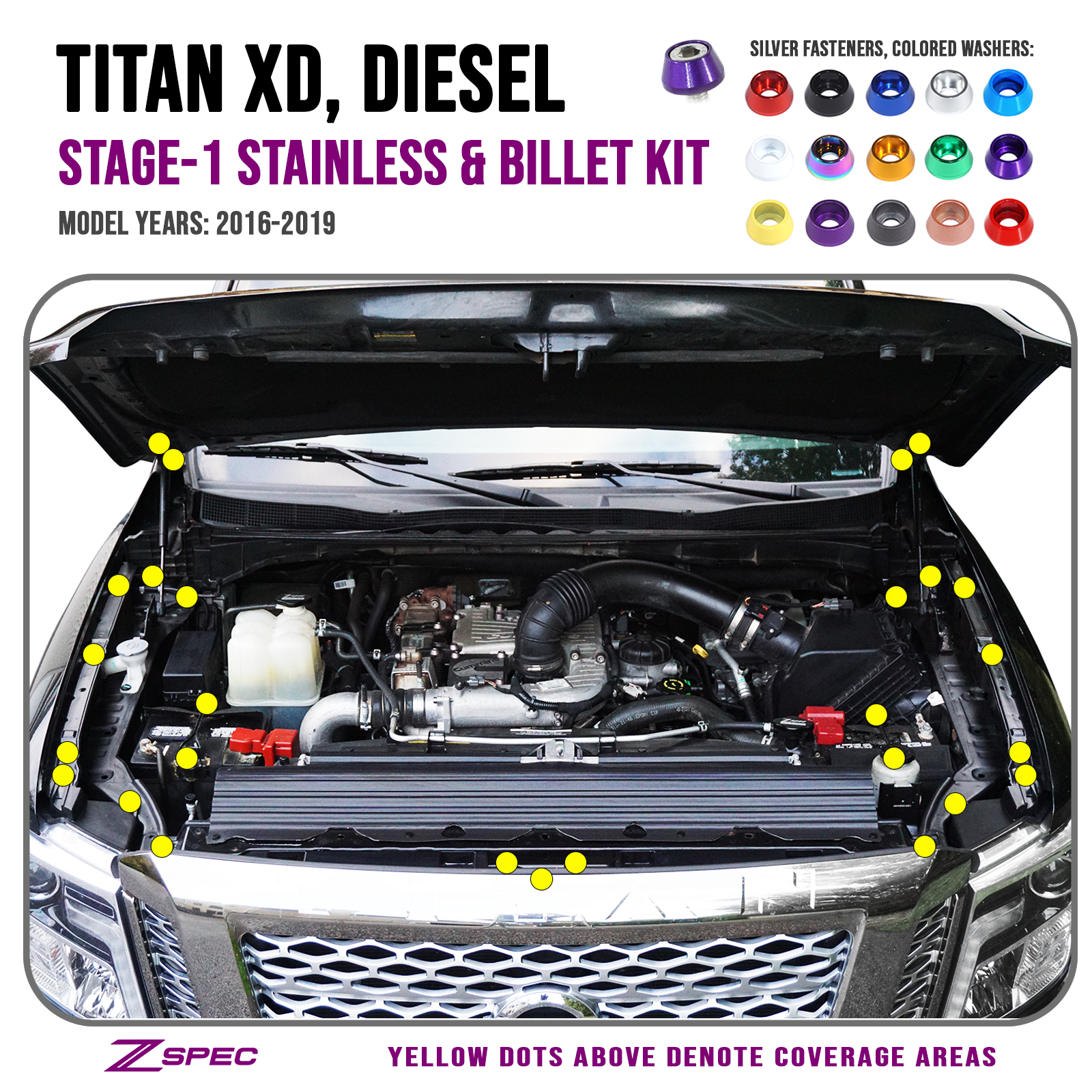 ZSPEC Stage-1 Dress Up Bolts® Fastener Kit for 16-19 Nissan Titan XD, Stainless & Billet - Howling Moto