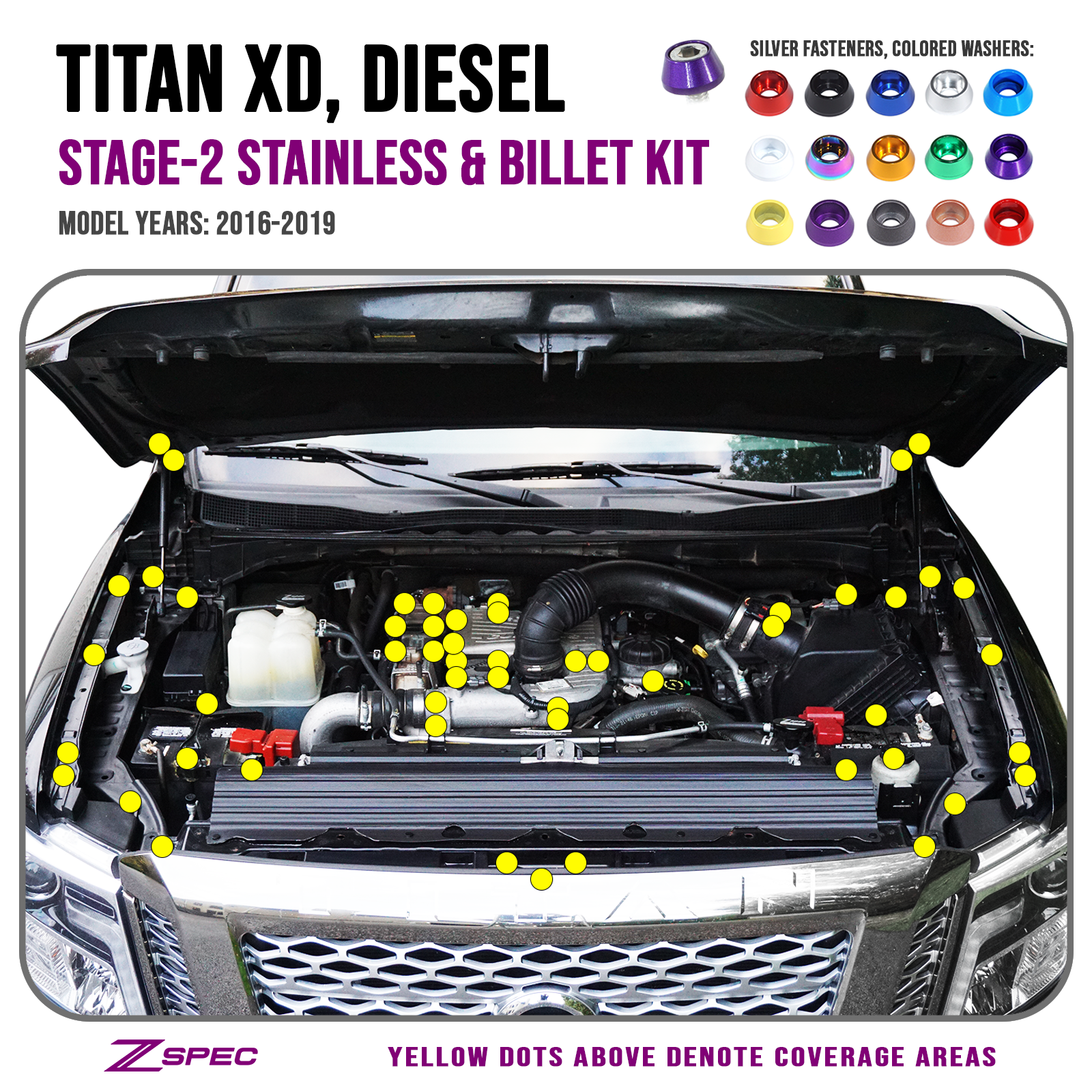ZSPEC Stage-2 Dress Up Bolts® Fastener Kit for 16-19 Nissan Titan XD Diesel A61 Cummins, Stainless & Billet - Howling Moto