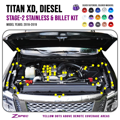 ZSPEC Stage-2 Dress Up Bolts® Fastener Kit for 16-19 Nissan Titan XD Diesel A61 Cummins, Stainless & Billet - Howling Moto