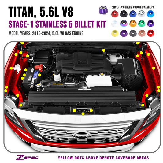 ZSPEC Stage-1 Dress Up Bolts® Fastener Kit for 16+ Nissan Titan 5.6L, Stainless & Billet - Howling Moto