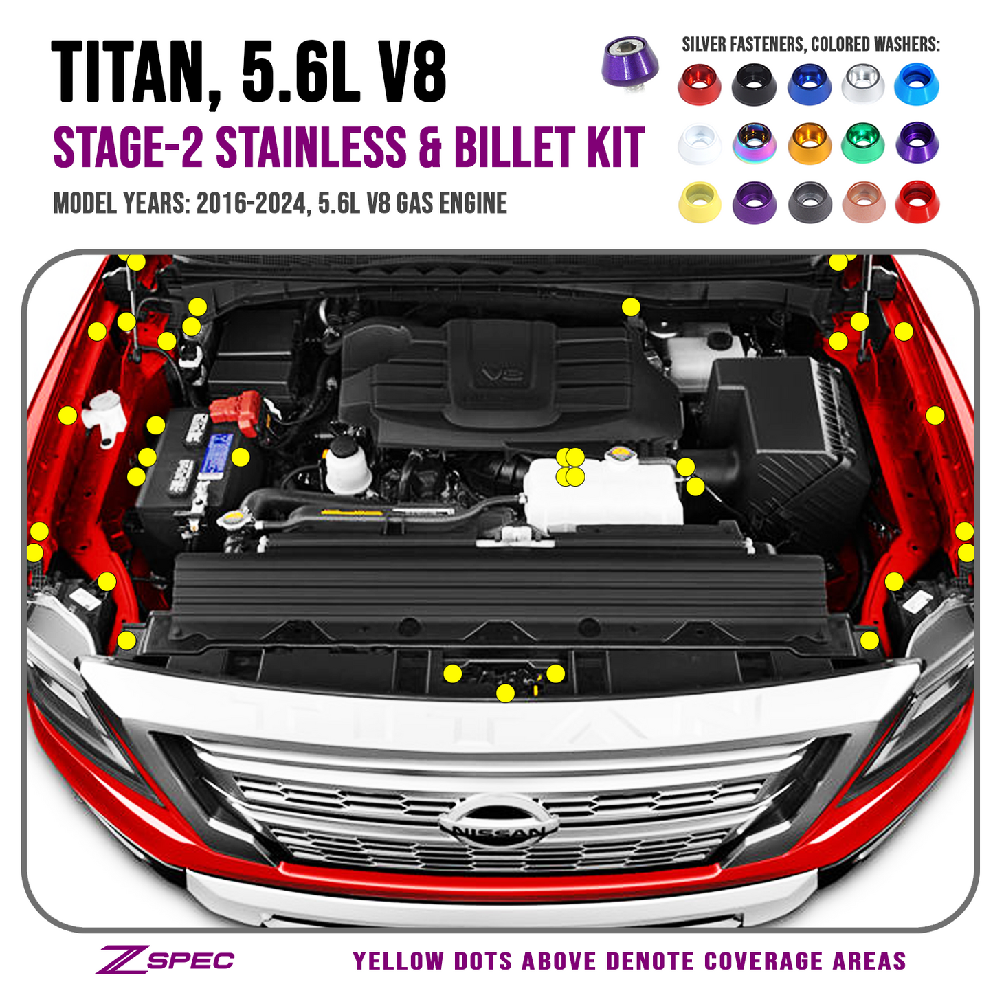 ZSPEC Stage-2 Dress Up Bolts® Fastener Kit for 16+ Nissan Titan 5.6L, Stainless & Billet - Howling Moto