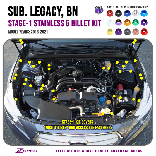 ZSPEC Stage-1 Dress Up Bolts® Fastener Kit for '16-21 Subaru Legacy 3.6L, Stainless & Billet - Howling Moto