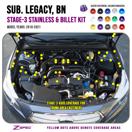 ZSPEC Stage-3 Dress Up Bolts® Fastener Kit for '16-21 Subaru Legacy 3.6L, Stainless & Billet - Howling Moto