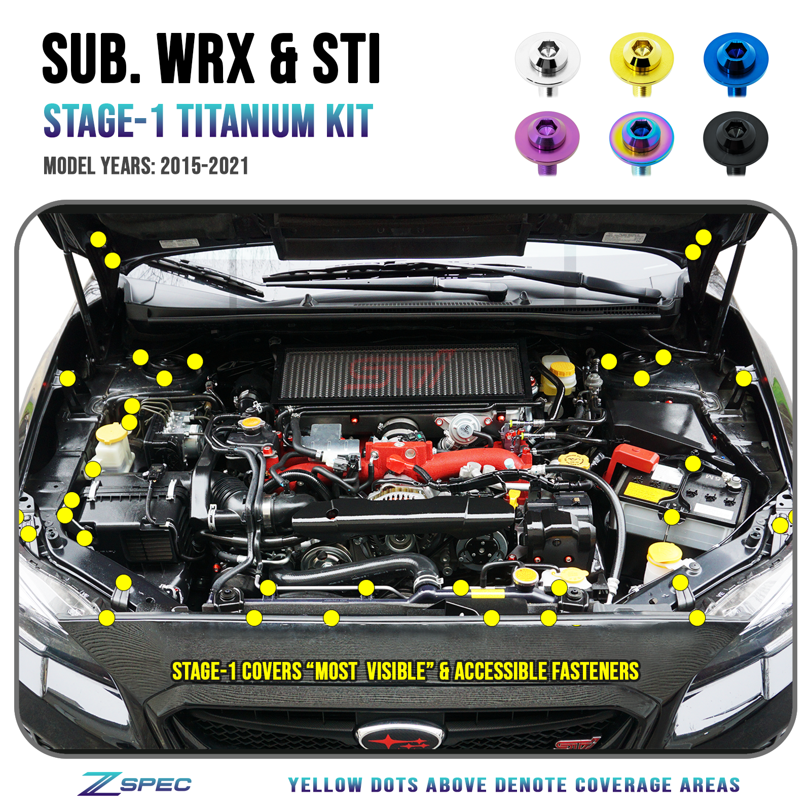 ZSPEC Stage-1 Dress Up Bolts® Fastener Kit for '15-21 Subaru WRX & STI, Grade-5 Titanium - Howling Moto