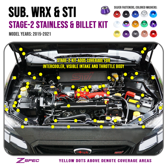ZSPEC Stage-2 Dress Up Bolts® Fastener Kit for '15-21 Subaru WRX & STI, Stainless & Billet - Howling Moto