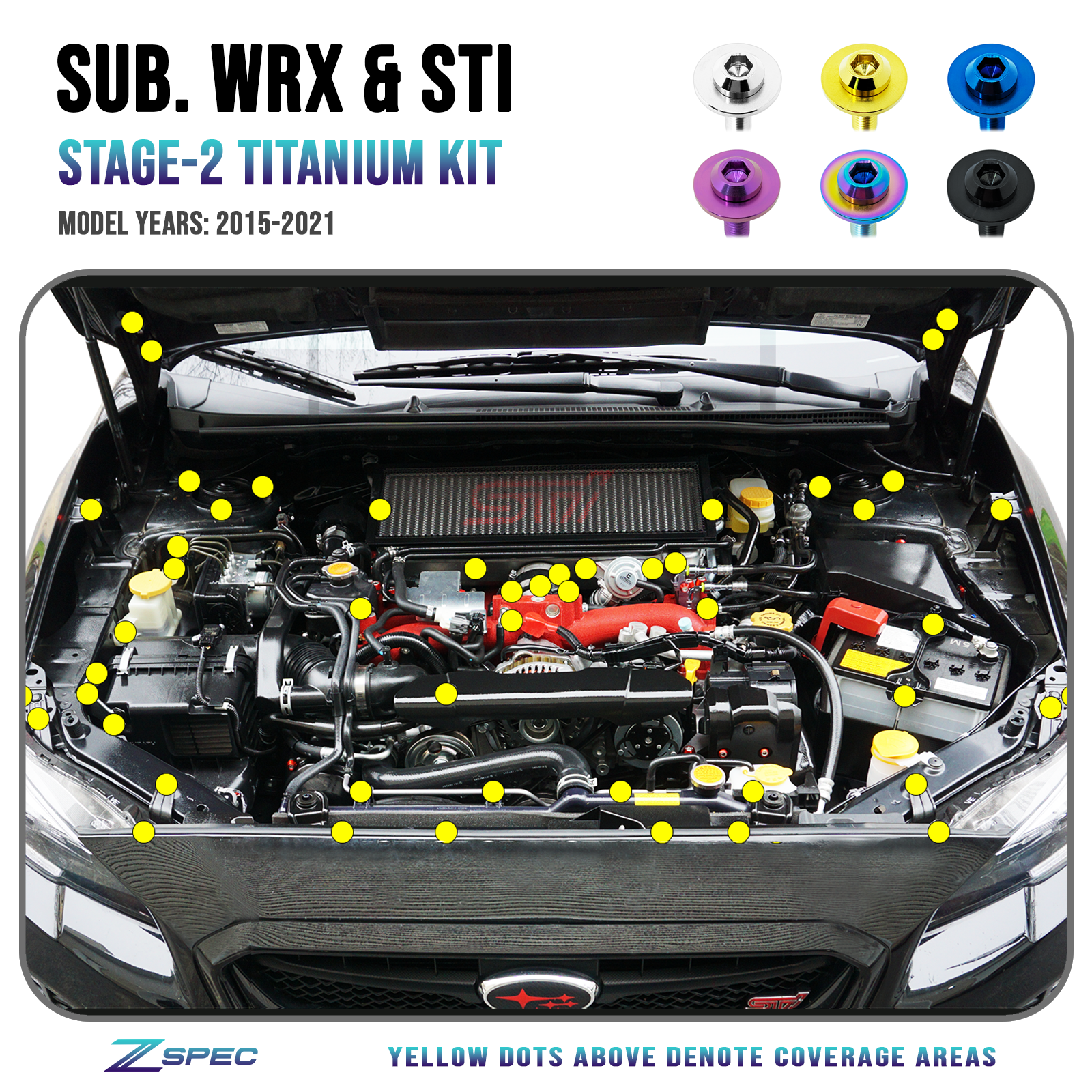 ZSPEC Stage-2 Dress Up Bolts® Fastener Kit for '15-21 Subaru WRX & STI, Grade-5 Titanium - Howling Moto