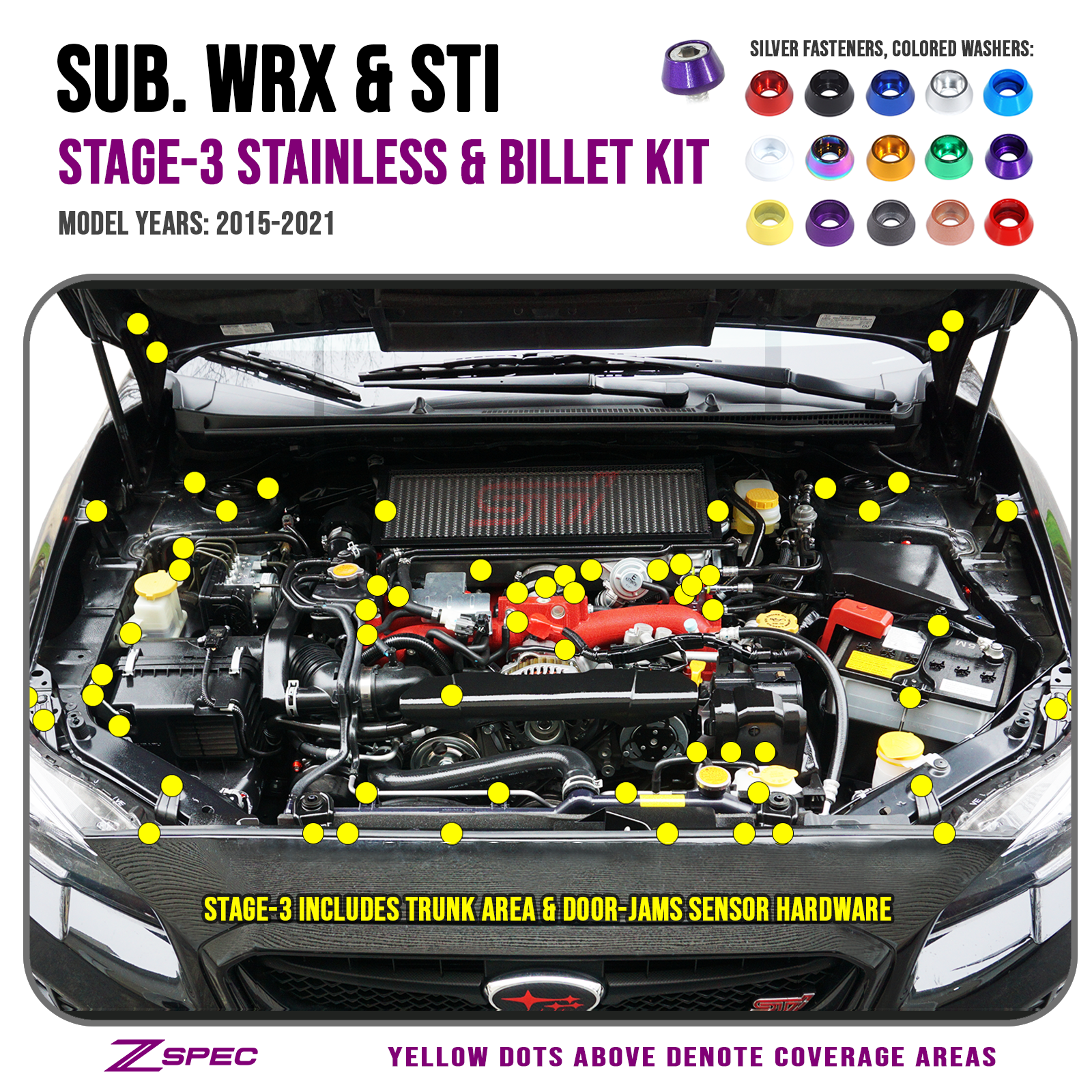 ZSPEC Stage-3 Dress Up Bolts® Fastener Kit for '15-21 Subaru WRX & STI, Stainless & Billet - Howling Moto