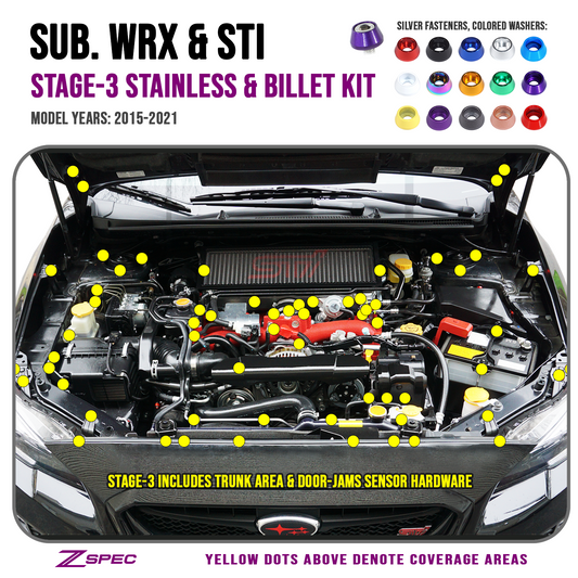 ZSPEC Stage-3 Dress Up Bolts® Fastener Kit for '15-21 Subaru WRX & STI, Stainless & Billet - Howling Moto