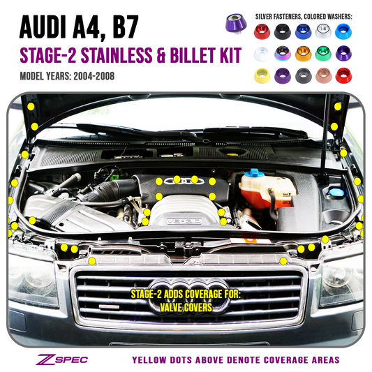 ZSPEC Stage-2 Dress Up Bolts® Fastener Kit for '04-08 Audi A4 B7 3.0L, Stainless & Billet - Howling Moto