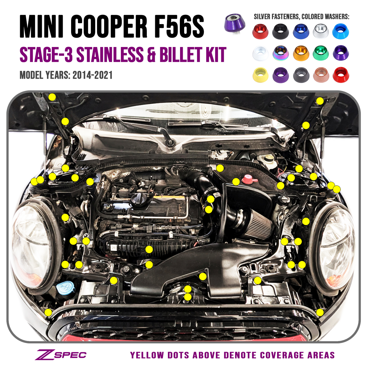 ZSPEC Stage-3 Dress Up Fastener Kit, '14-21 Mini Cooper S F56S, Stainless & Billet - Howling Moto