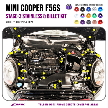 ZSPEC Stage-3 Dress Up Fastener Kit, '14-21 Mini Cooper S F56S, Stainless & Billet - Howling Moto