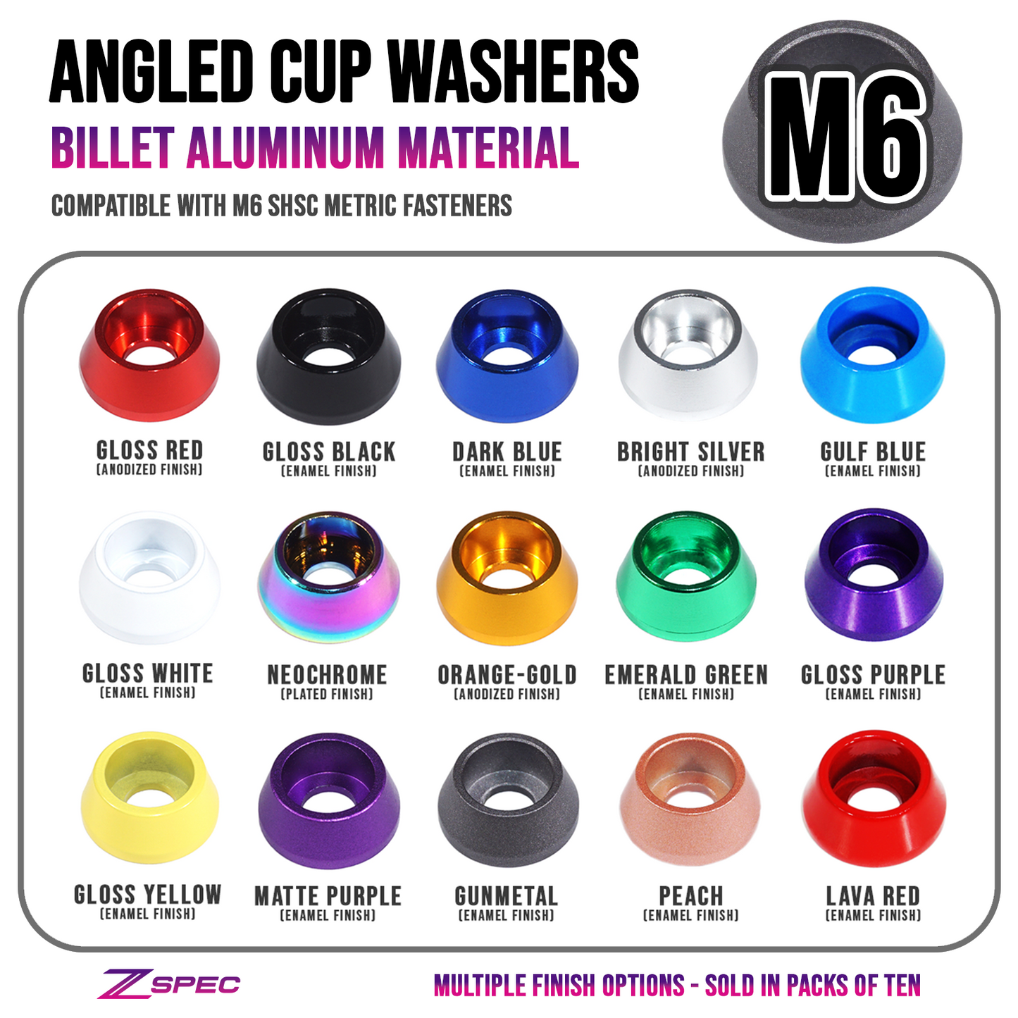 ZSPEC M6 Angled Cup Finish Washers for SHSC Socket-Cap Fasteners, Billet, 10-Pack - Howling Moto