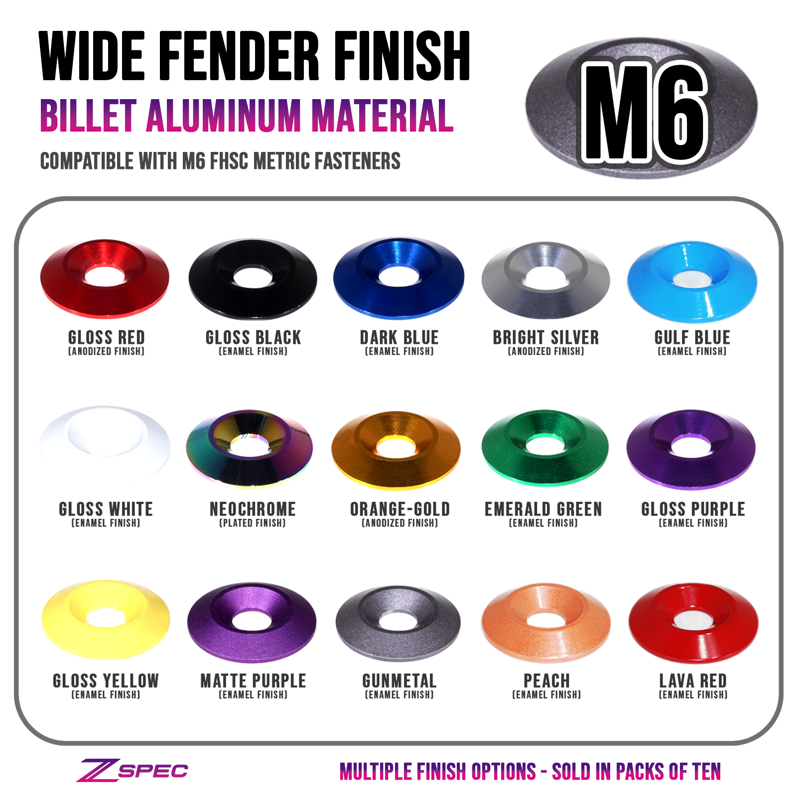 ZSPEC M6 Wide Fender-Finish Dress Up Washers, for M6 FHSC Fasteners, Billet, 10-Pack - Howling Moto