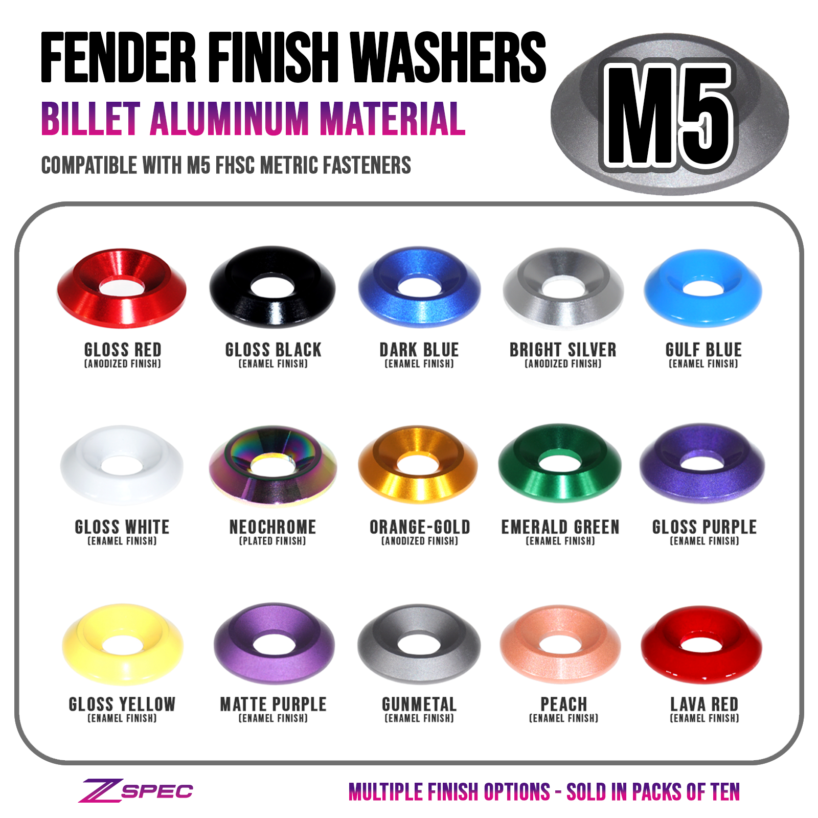 ZSPEC M5 Billet Fender-Finish Dress Up Washers for M5 FHSC Fasteners, 10-Pack - Howling Moto