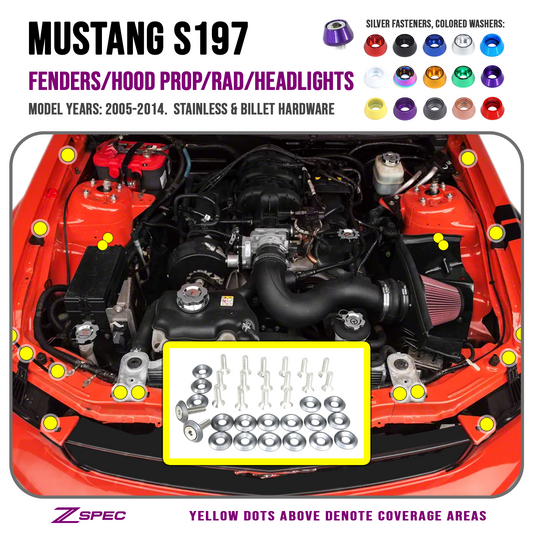 ZSPEC Fenders-Rad-Brackets-Hood-Prop-Headlights Fasteners for '05-14 S197 Ford Mustang, Stainless & Billet - Howling Moto