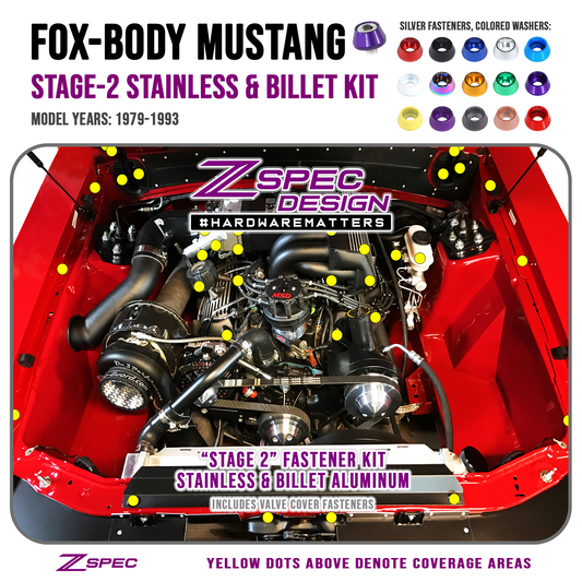 ZSPEC Stage-2 Dress Up Bolts® Fastener Kit for '87-93 Ford Mustang V8 Fox-Body, Stainless & Billet - Howling Moto