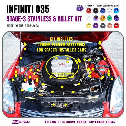 ZSPEC Stage-3 Dress Up Bolts® Fastener Kit for '03-08 Infiniti G35 w/ Plenum Spacer, Stainless & Billet - Howling Moto