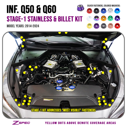 ZSPEC Stage-1 Dress Up Bolts® Fastener Kit for '17-20 Infiniti Q50/Q60 VQ & VR, Stainless & Billet - Howling Moto