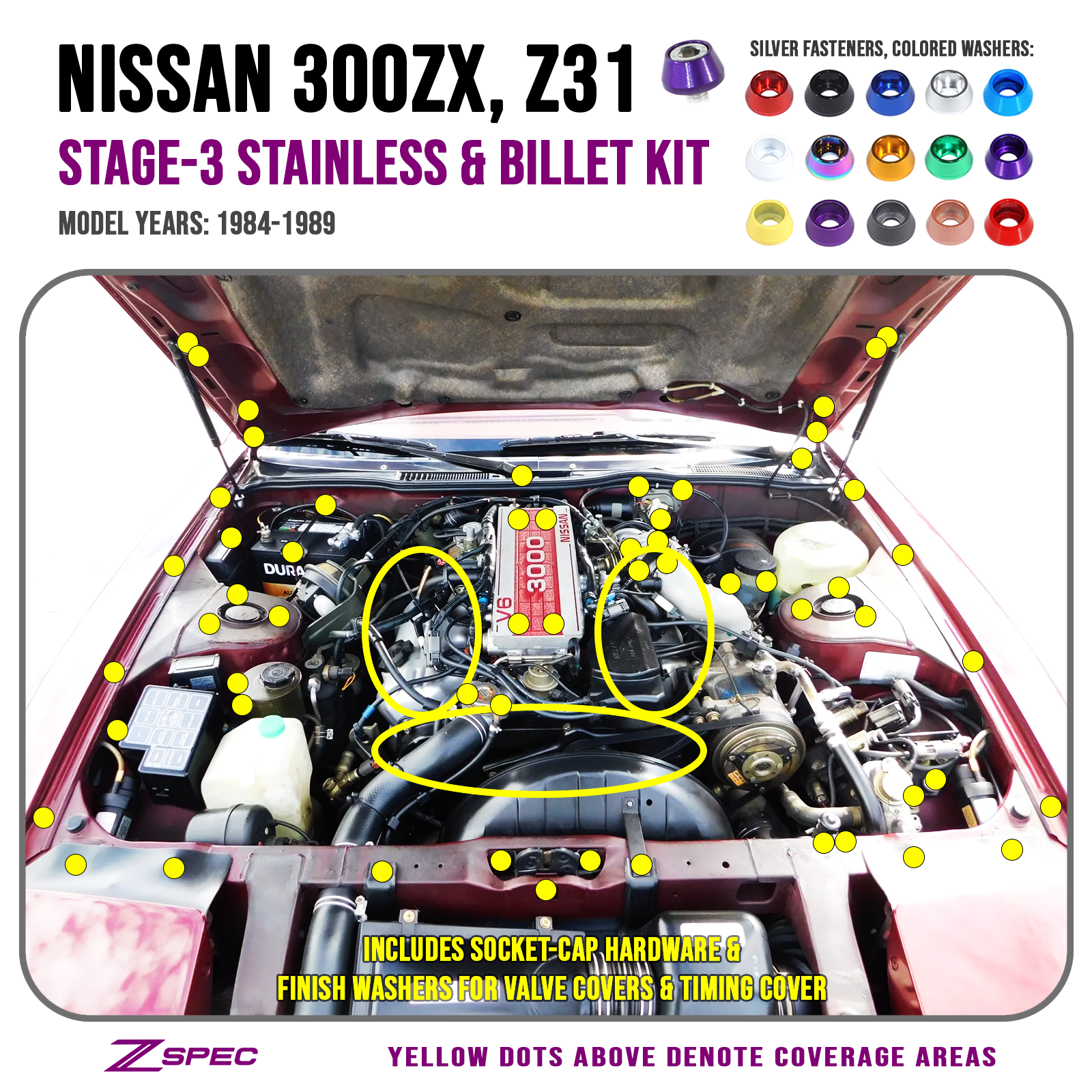 ZSPEC Stage-3 Dress Up Bolts® Fastener Kit for '84-89 Nissan 300zx Z31, SHSC Hardware, Stainless & Billet - Howling Moto