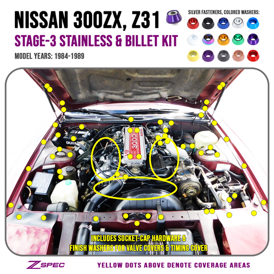 ZSPEC Stage-3 Dress Up Bolts® Fastener Kit for '84-89 Nissan 300zx Z31, SHSC Hardware, Stainless & Billet - Howling Moto
