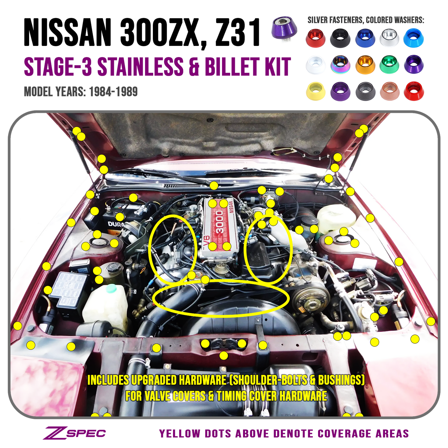 ZSPEC Stage-3 Dress Up Bolts® Fastener Kit for 84-89 Nissan 300zx Z31 Upgraded Timing Bolts, Stainless & Billet - Howling Moto