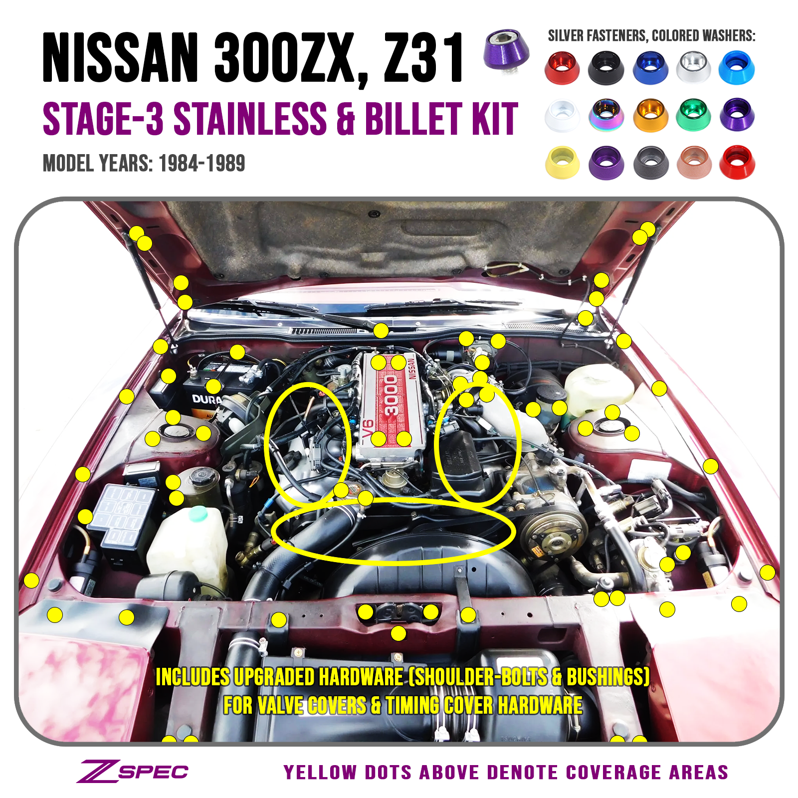 ZSPEC Stage-3 Dress Up Bolts® Fastener Kit for 84-89 Nissan 300zx Z31 Upgraded Timing Bolts, Stainless & Billet - Howling Moto