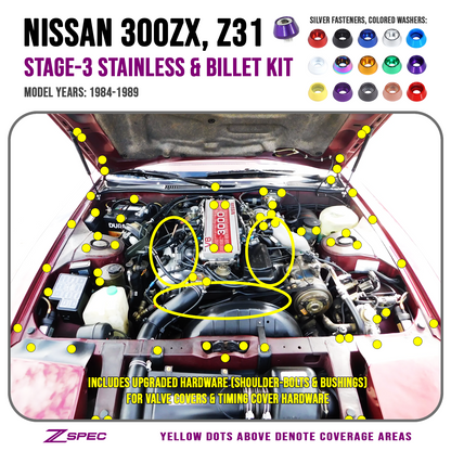 ZSPEC Stage-3 Dress Up Bolts® Fastener Kit for 84-89 Nissan 300zx Z31 Upgraded Timing Bolts, Stainless & Billet - Howling Moto