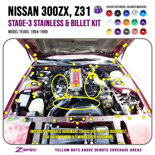 ZSPEC Stage-3 Dress Up Bolts® Fastener Kit for 84-89 Nissan 300zx Z31 Upgraded Timing Bolts, Stainless & Billet - Howling Moto