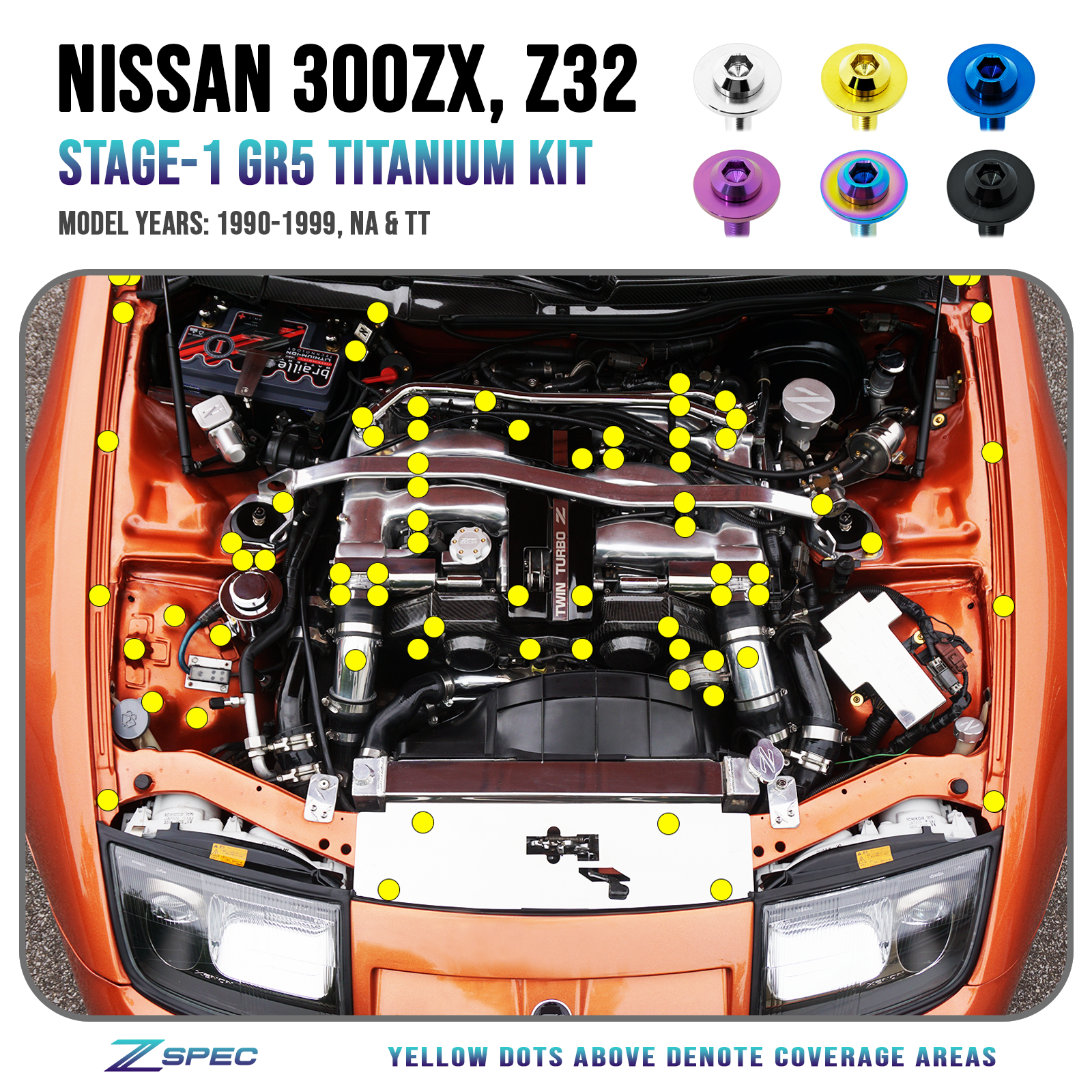 ZSPEC Stage-1 Dress Up Bolts® Hardware Kit for Nissan 300zx Z32, Titanium - Howling Moto