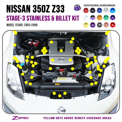 ZSPEC Stage-3 Dress Up Bolts® Kit for Nissan 350z DE/HR, OEM-Length Plenum Bolts, Stainless & Billet - Howling Moto