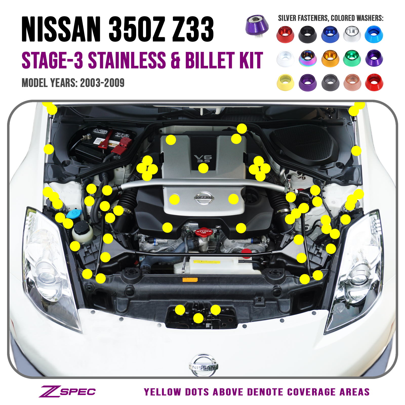 ZSPEC Stage-3 Dress Up Bolts® Fastener Kit for Nissan 350z DE/HR +10mm Longer Plenum Bolts, Stainless & Billet - Howling Moto
