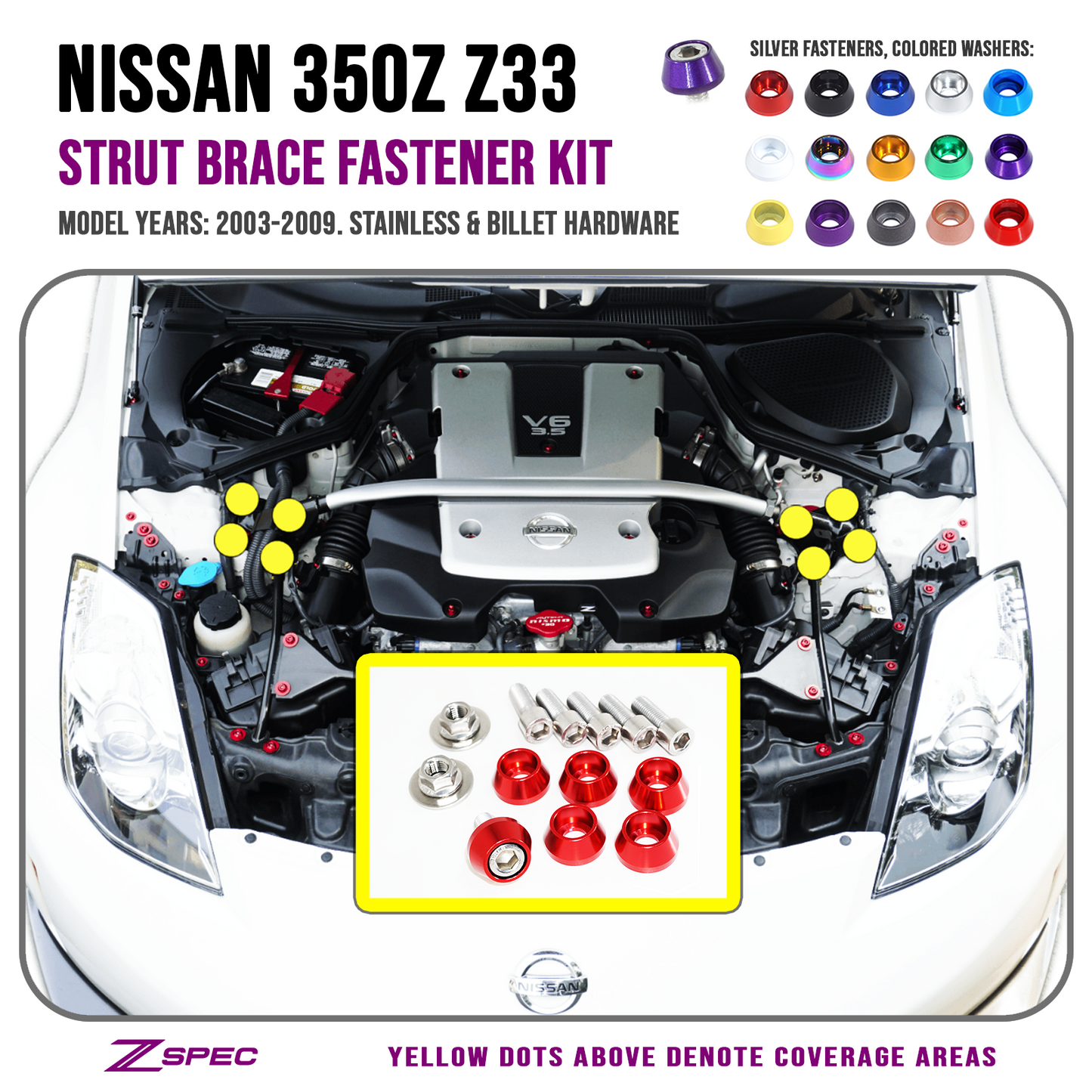 ZSPEC Strut Brace Fastener Kit for '03-09 Nissan 350z Z33, Stainless & Billet - Howling Moto