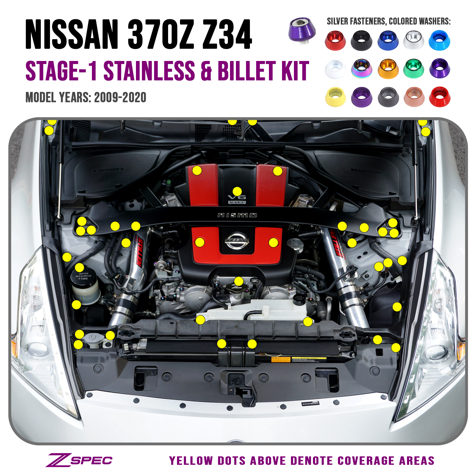 ZSPEC Stage-1 Dress Up Bolts® Fastener Kit for '09-20 Nissan 370z Z34, Stainless & Billet - Howling Moto