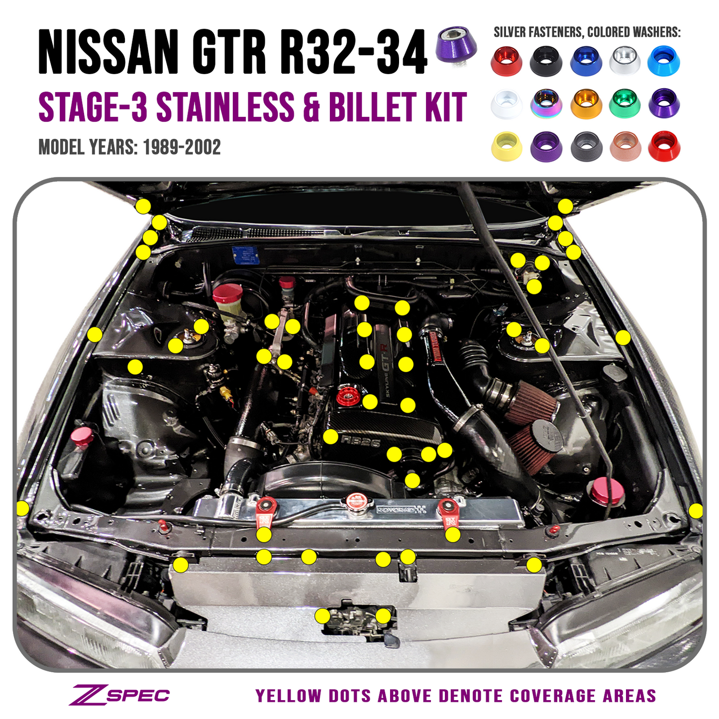 ZSPEC Stage-3 Dress Up Bolts® Kit for Nissan Skyline GT-R/GTR R32/R33/R34, Stainless & Billet - Howling Moto