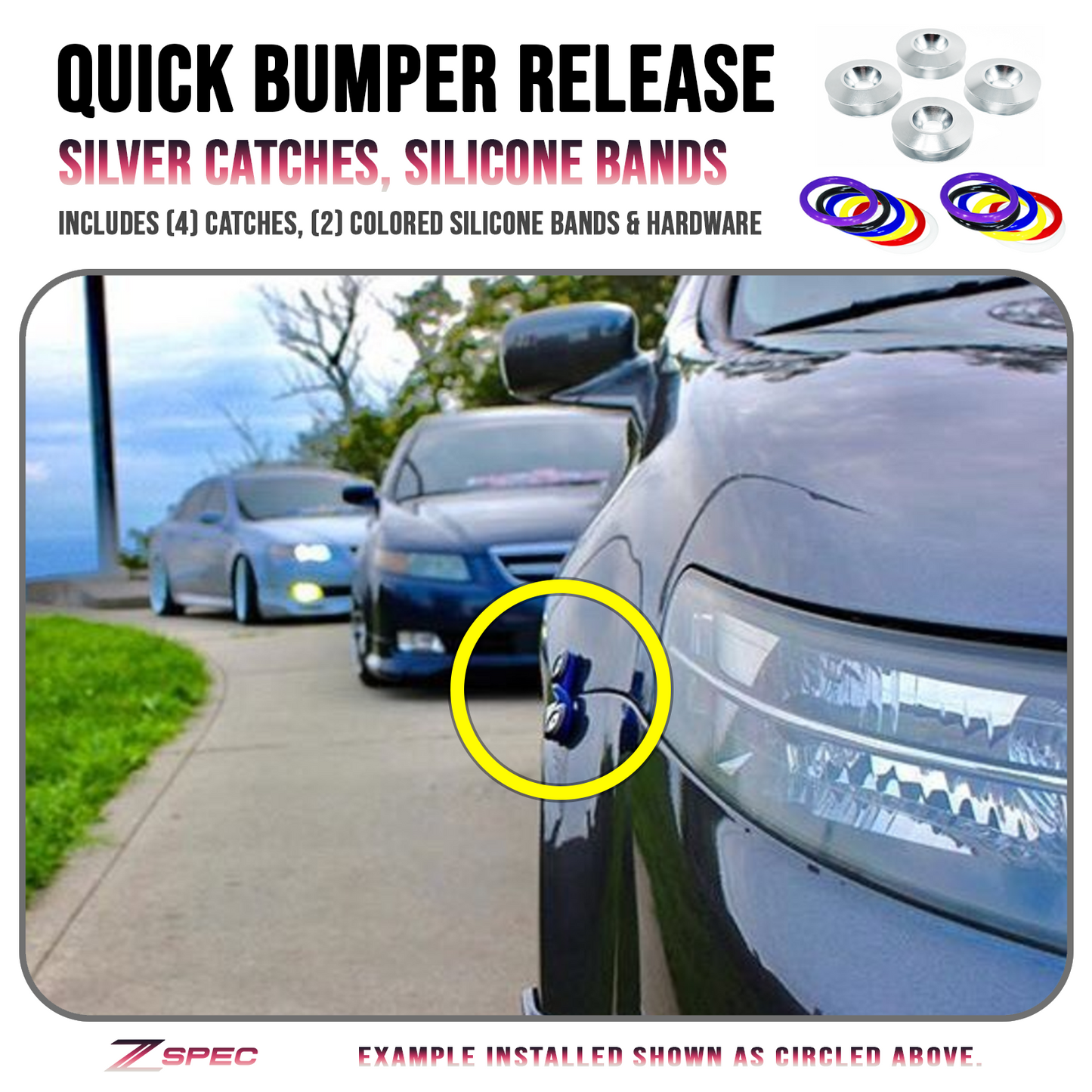 ZSPEC Quick Release Bumper Fastener Kit w/SILVER Catches & Colored Bands - Howling Moto