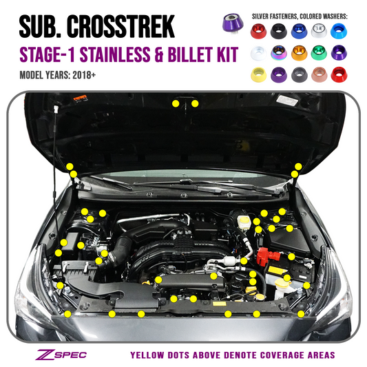 ZSPEC Stage-1 Dress Up Bolts® Fastener Kit for '18-24 Subaru CrossTrek, Stainless & Billet Hardware - Howling Moto