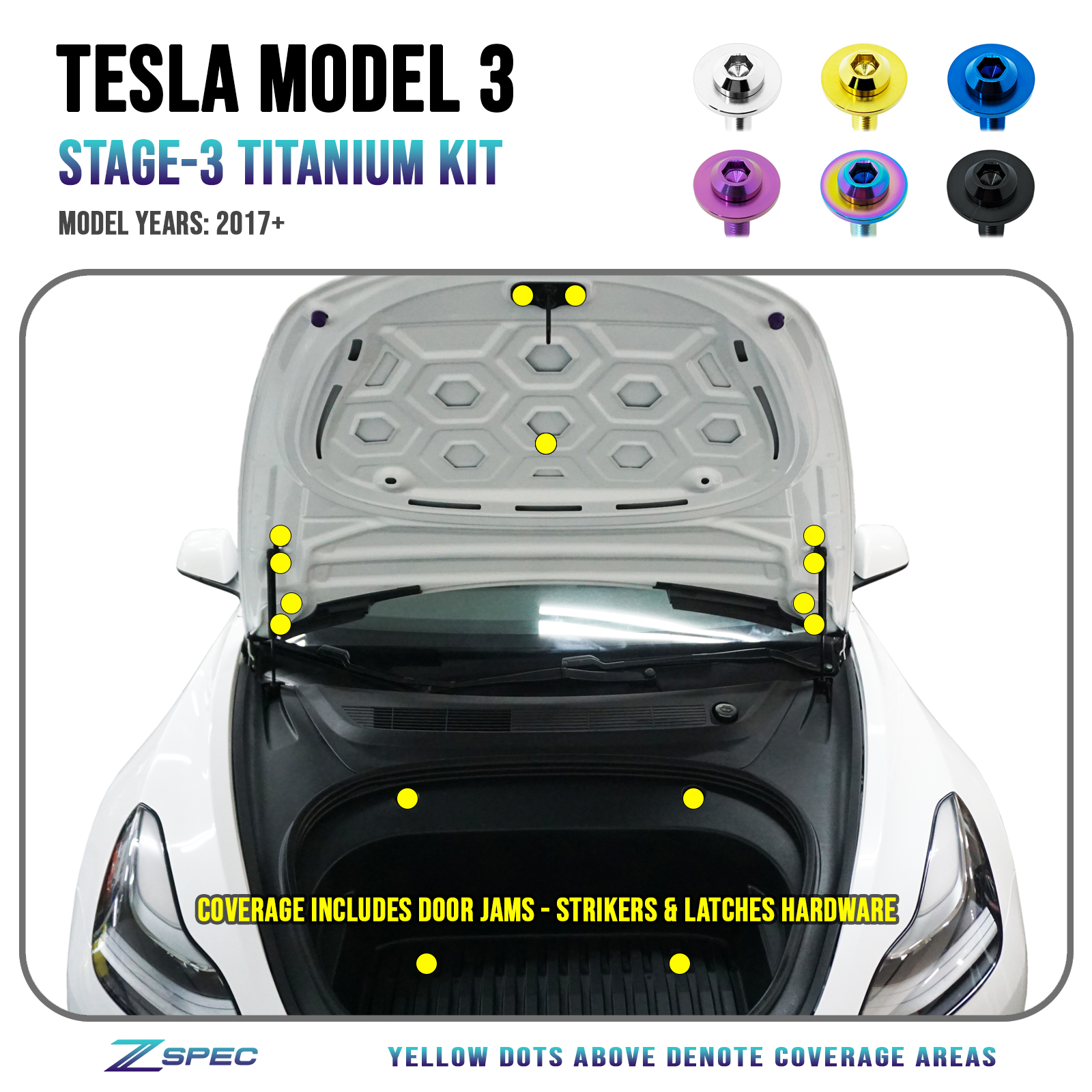 ZSPEC Stage-3 Dress Up Bolts® Fastener Kit for the Tesla Model 3, Grade-5 Titanium - Howling Moto