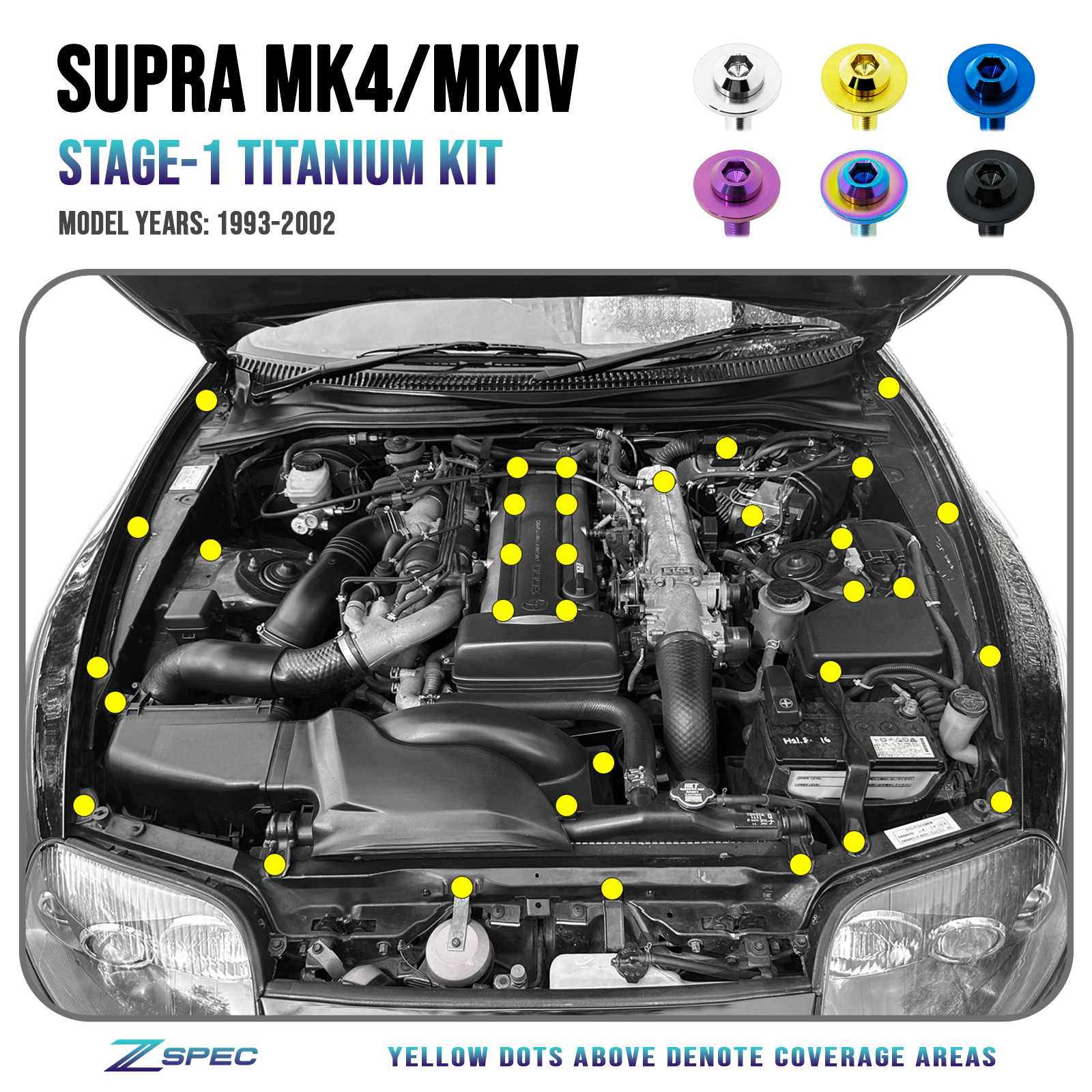 ZSPEC Stage-1 Dress Up Bolts® Fastener Kit for '93-02 Toyota Supra MKIV, Titanium - Howling Moto