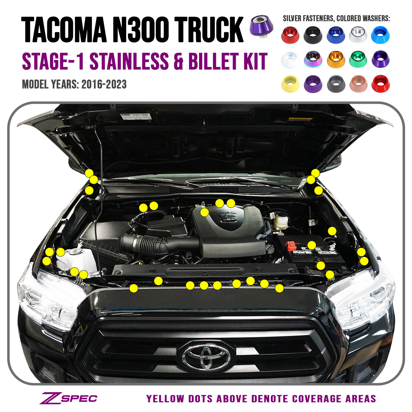 ZSPEC Stage-1 Dress Up Bolts® Fastener Kit for '16-23 Toyota Tacoma N300, Stainless & Billet - Howling Moto