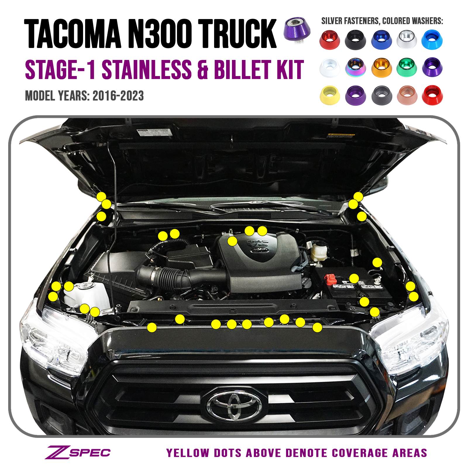 ZSPEC Stage-1 Dress Up Bolts® Fastener Kit for '16-23 Toyota Tacoma N300, Stainless & Billet - Howling Moto