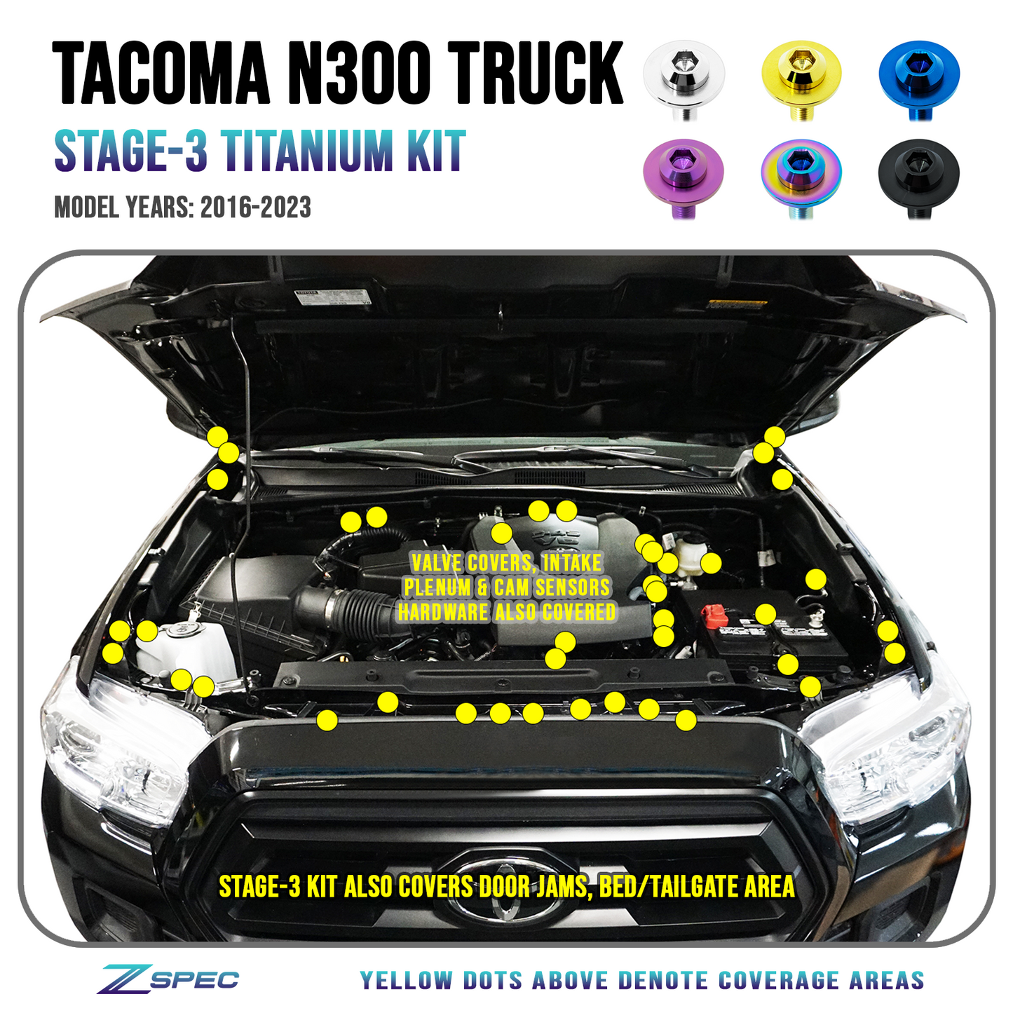 ZSPEC Stage-3 Dress Up Bolts® Fastener Kit for '16-23 Toyota Tacoma N300, Titanium - Howling Moto