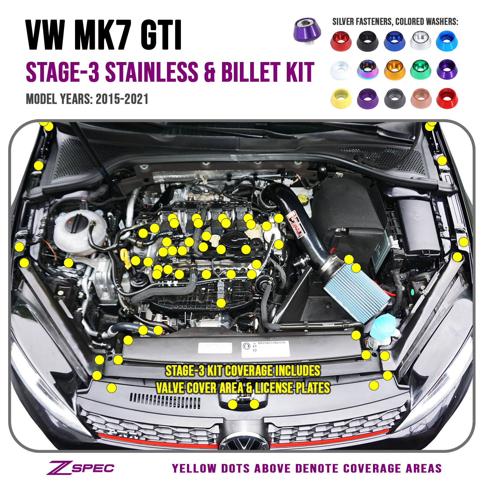 ZSPEC Stage-3 Dress Up Bolts® Fastener Kit for '15+ VW Golf GTI 2.0L MK7, Stainless & Billet - Howling Moto