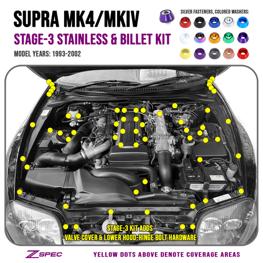 ZSPEC Stage-3 Dress Up Bolts® Fastener Kit for '93-02 Toyota Supra MKIV, Stainless & Billet - Howling Moto