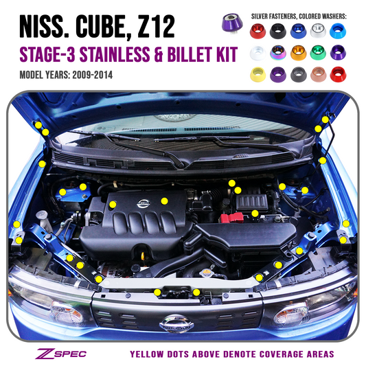 ZSPEC Stage-3 Dress Up Bolts® Fastener Kit for '98-14 Nissan Cube, Stainless & Billet - Howling Moto