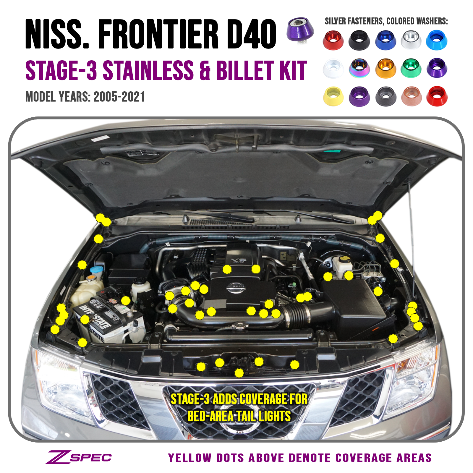 ZSPEC Stage-3 Dress Up Bolts® Fastener Kit for 05-21 Nissan Frontier D40, Stainless & Billet - Howling Moto
