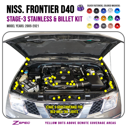 ZSPEC Stage-3 Dress Up Bolts® Fastener Kit for 05-21 Nissan Frontier D40, Stainless & Billet - Howling Moto