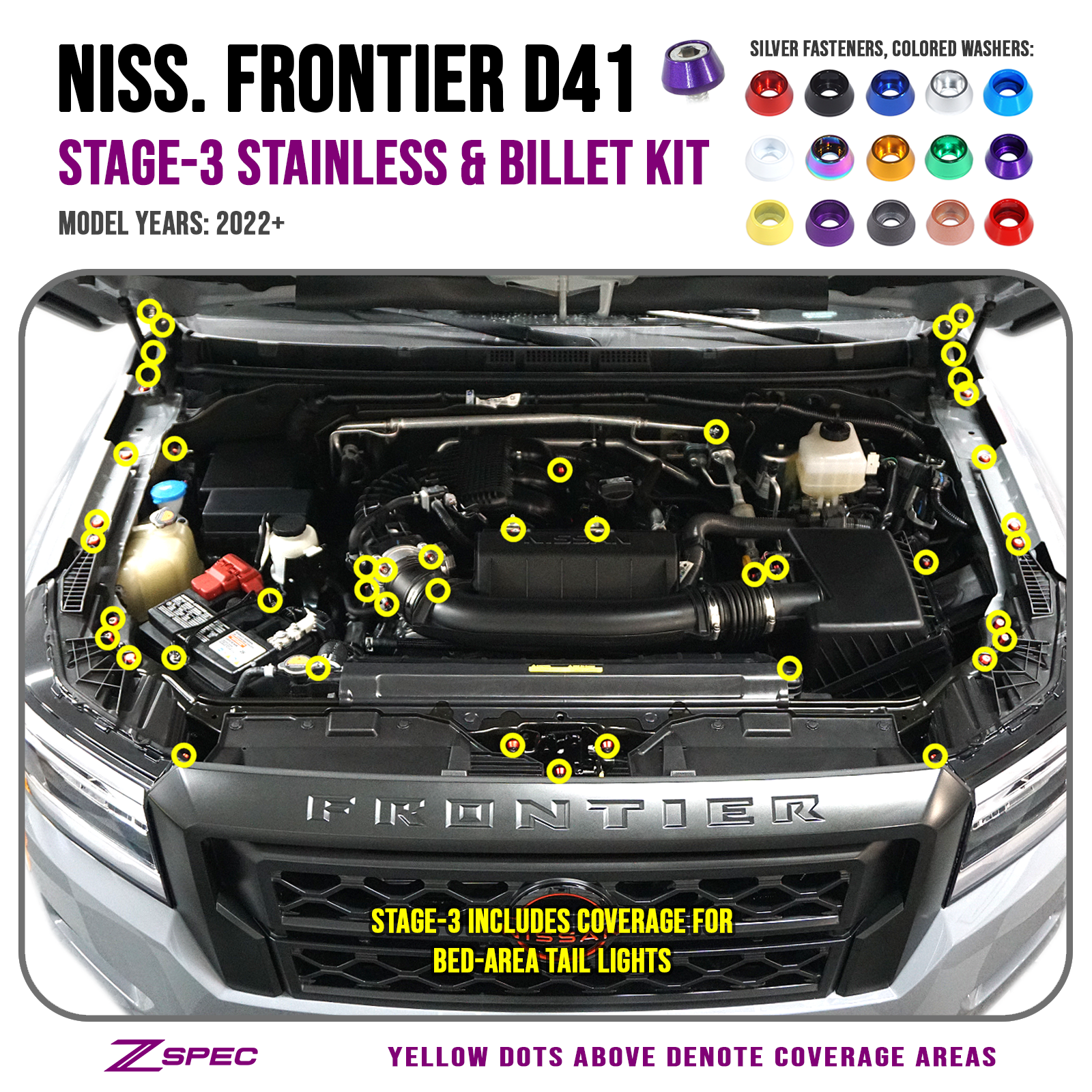 ZSPEC Stage-3 Dress Up Bolts® Fastener Kit for '22+ Nissan Frontier D41, Stainless & Billet - Howling Moto