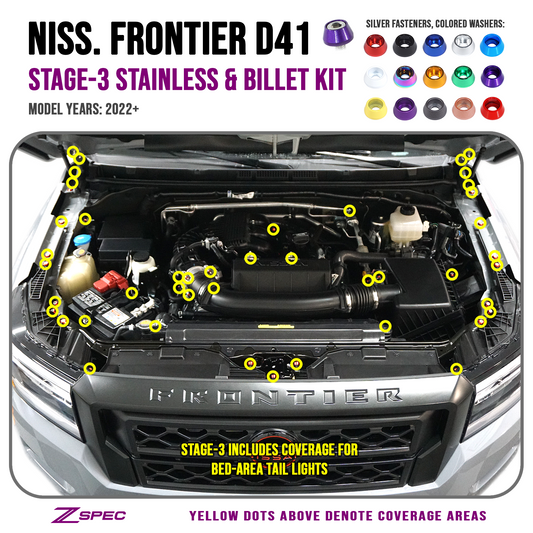 ZSPEC Stage-3 Dress Up Bolts® Fastener Kit for '22+ Nissan Frontier D41, Stainless & Billet - Howling Moto