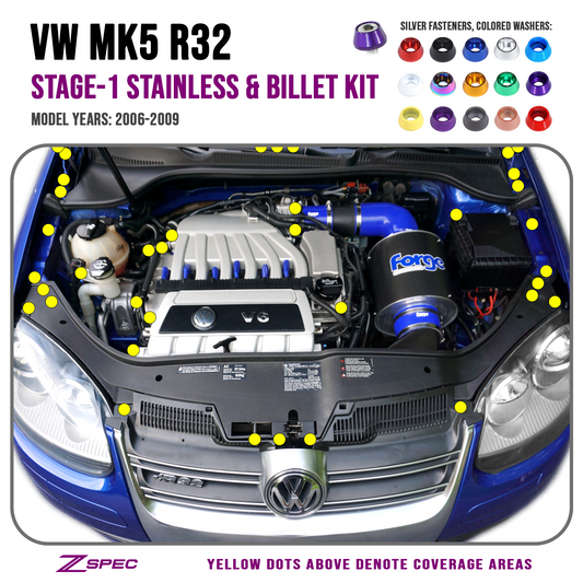 ZSPEC Stage-1 Dress Up Bolts® Fastener Kit for '06-09 VW Golf R32 MK5, Stainless & Billet - Howling Moto